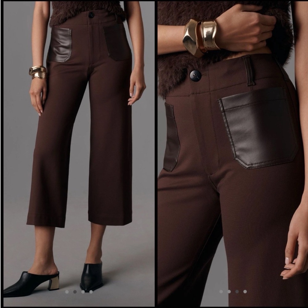 Maeve The Colette Merrick White Brown Wide Leg Faux Leather‎ Pocket Pants 29T